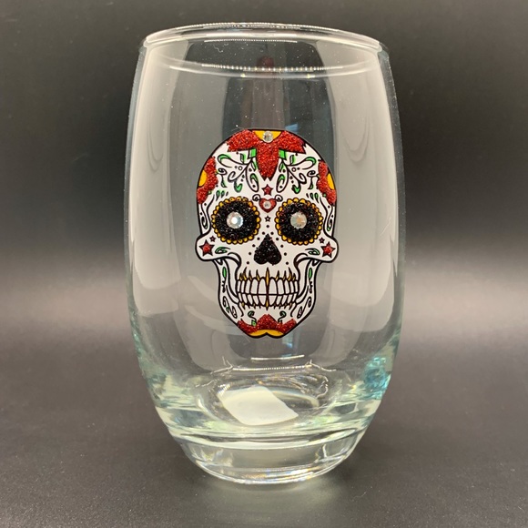 WHITE & RED SUGAR SKULL WITH SWAROVSKI CRYSTAL ACCENTS STEMLESS WINE GLASS NIB - Picture 8 of 11